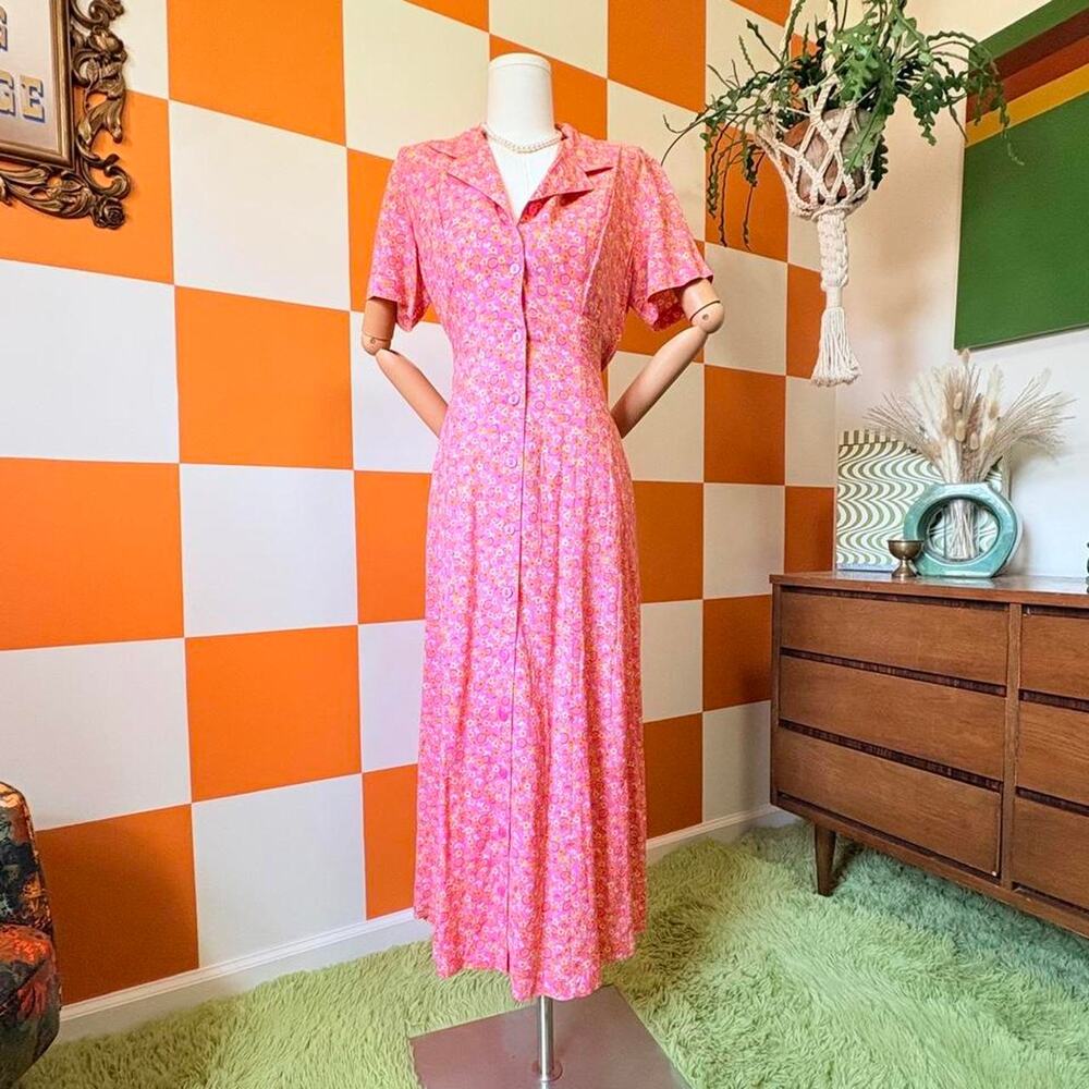 90s Vintage Hot Pink and Yellow Floral Daisy Print Maxi Shirt Dress